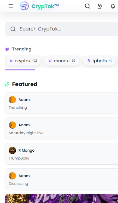 The CrypTok feed with real posts and live streams