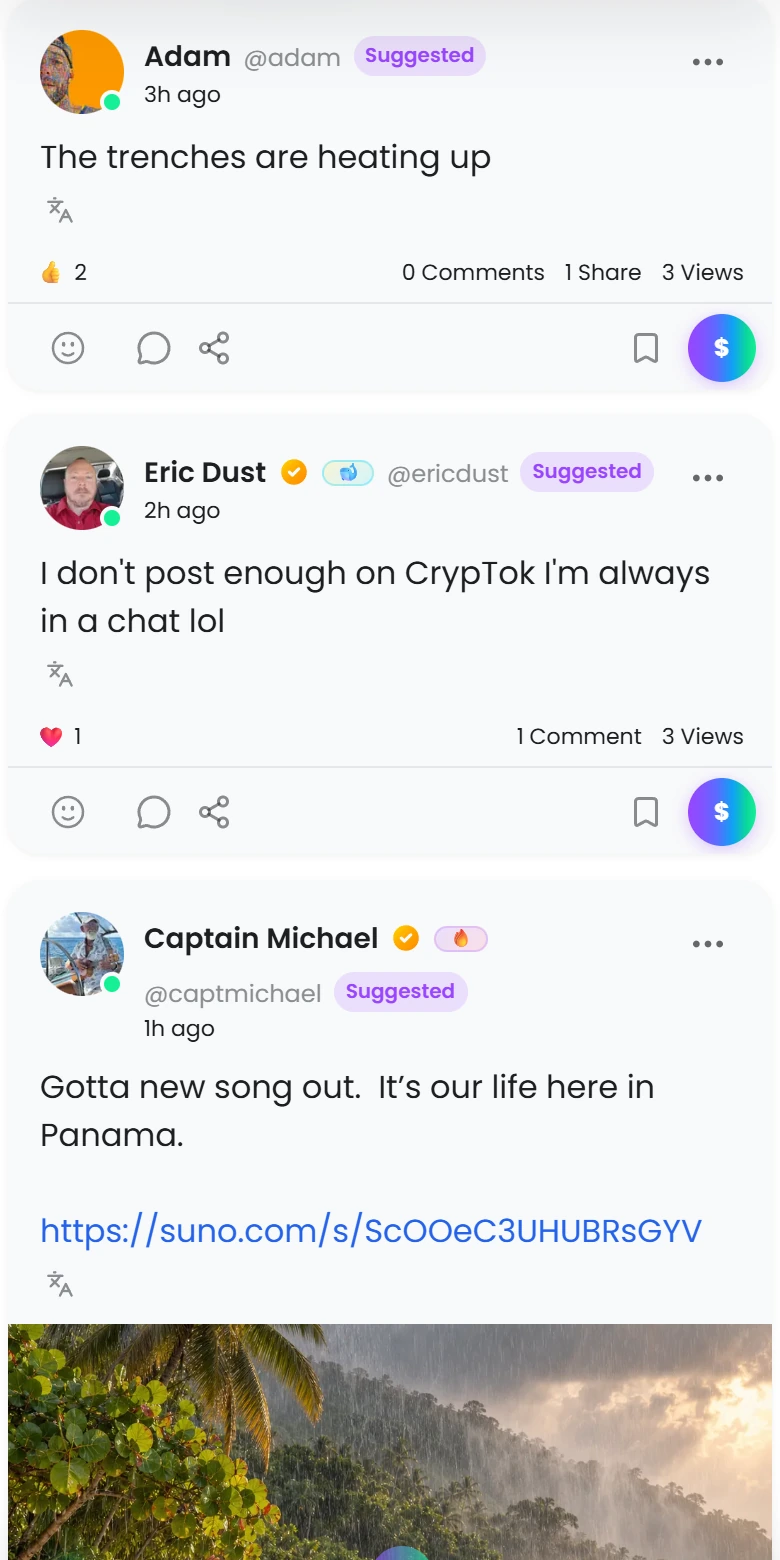 Real community posts with comments, reactions, and tip buttons in the CrypTok feed