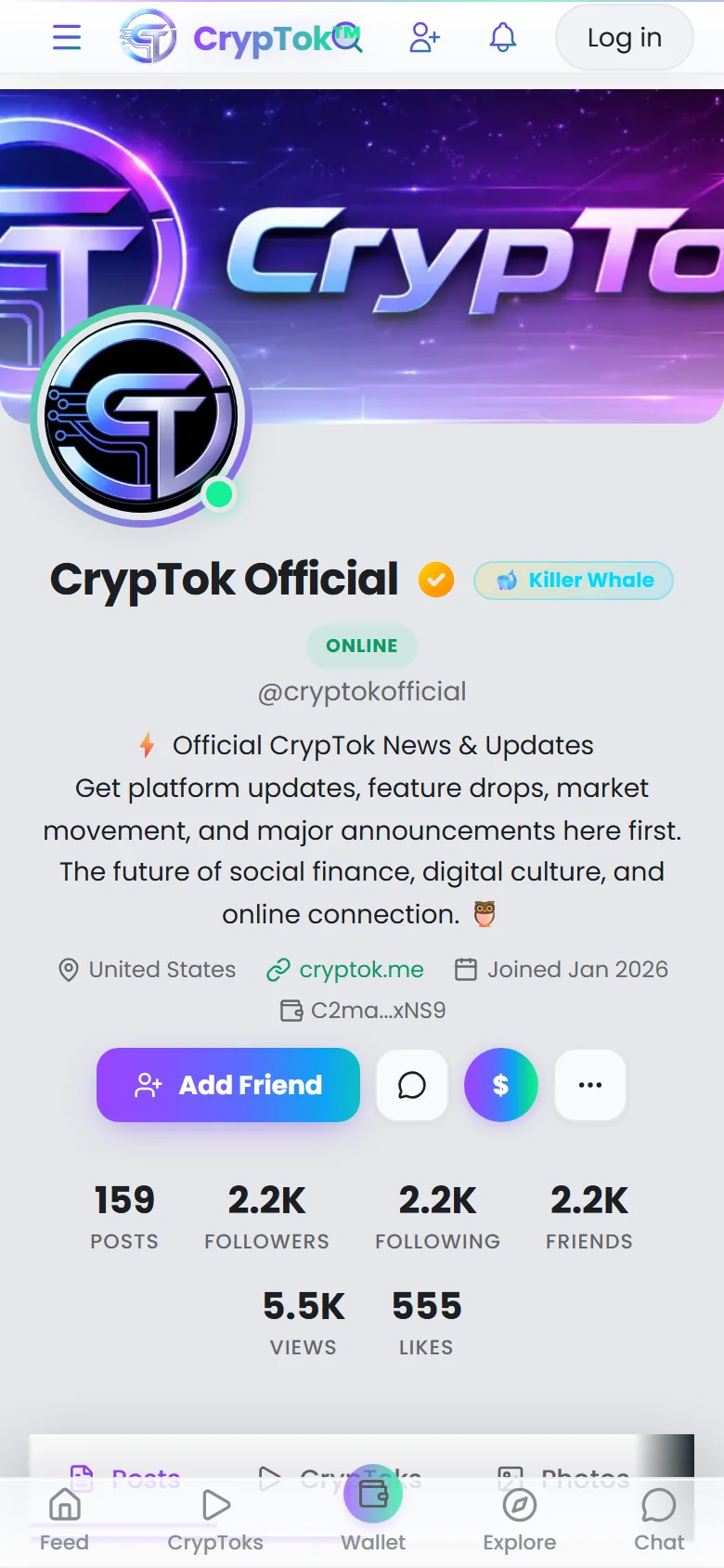 The official CrypTok profile with posts, followers and a tip button