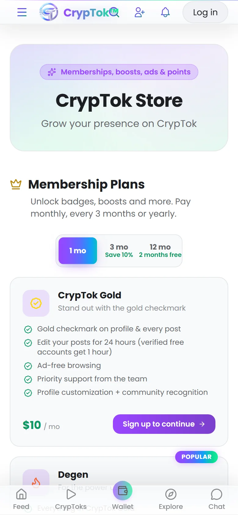 The CrypTok Store with membership plans